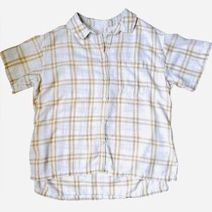 American Eagle Men’s Tan and White Plaid short sleeve Shirt Size Medium